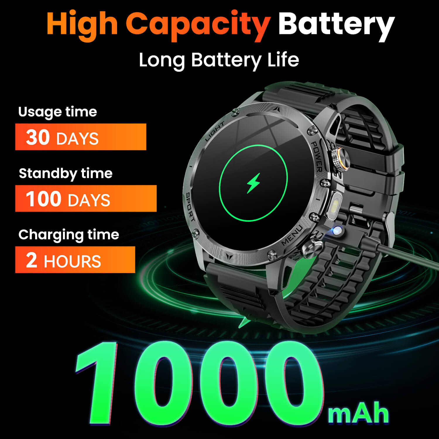 Mingdaln Rugged Smartwatch – Long-Lasting 1000mAh Battery, 1.7" HD Display