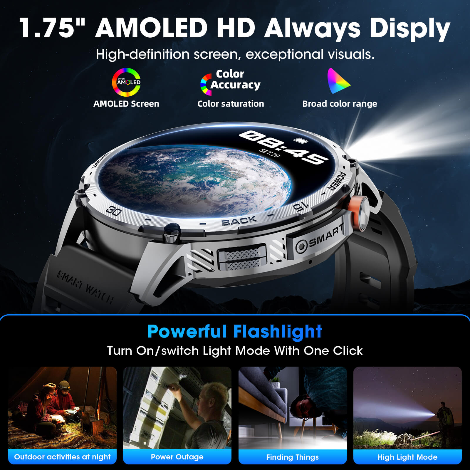 MINGDALN K69 smartwatch with LED flashlight 1.75 inch screen display
