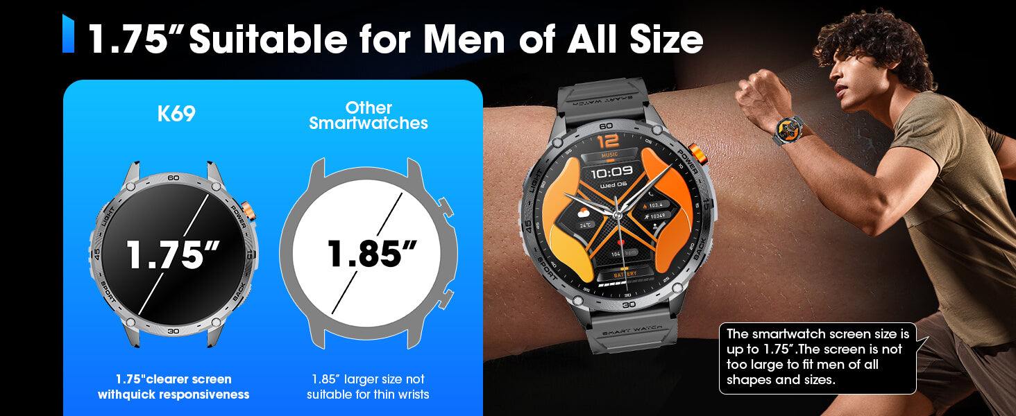 MINGDALN K69 smartwatch with LED flashlight 1.75-inch screen vs. 1.85-inch screen