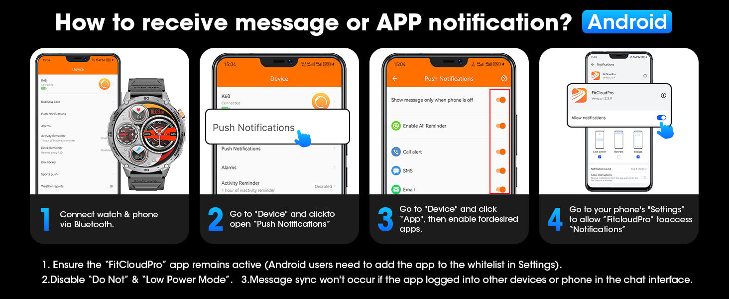 MINGDALN K69 smartwatch with LED flashlight Bluetooth link Android APP