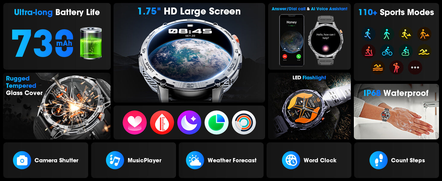 MINGDALN K69 smartwatch with LED flashlight 1.75 inch HD Amoled display 730mAh large battery 110+ sports mode Bluetooth for making and receiving calls IP68 waterproof and durable