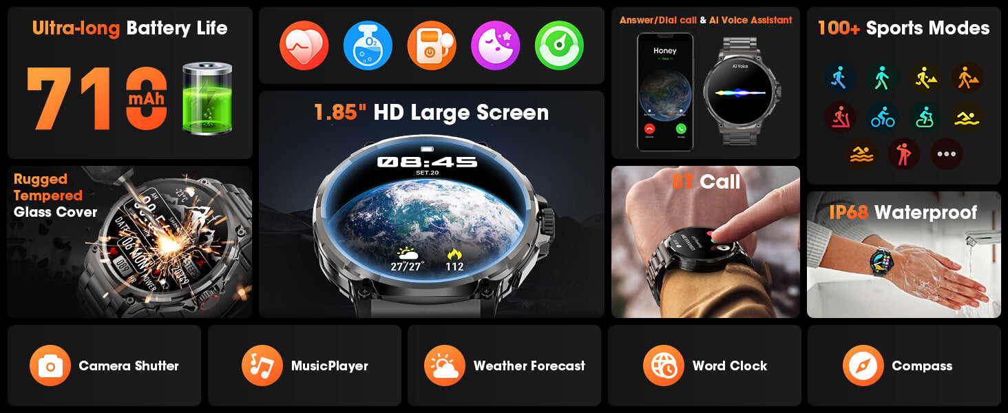 Mingdaln V69a smartwatch multi-function display, 110+ sports mode Bluetooth call, 710mAh battery, 1.85-inch screen, IP68 waterproof