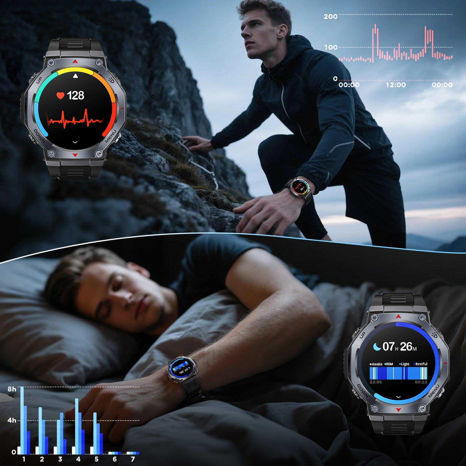Haulvean 1.43-inch AMOLED Military Smart Watch for Men, Outdoor Sports Fitness Tracker Watch, with Answer/Make Calls/100 Sports Modes, fits for Android and Iphone Devices (Black)