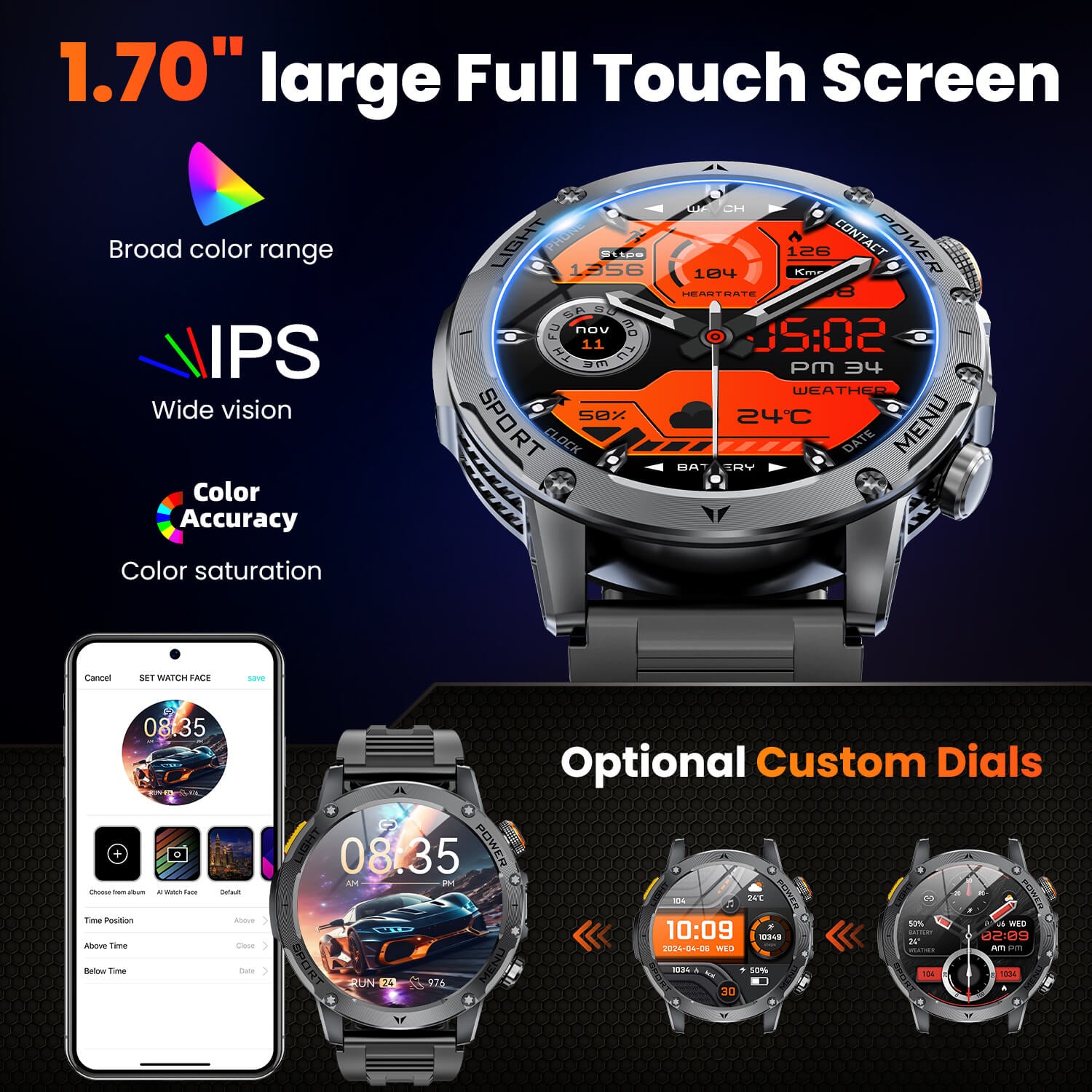 Mingdaln Rugged Smartwatch – Long-Lasting 1000mAh Battery, 1.7" HD Display