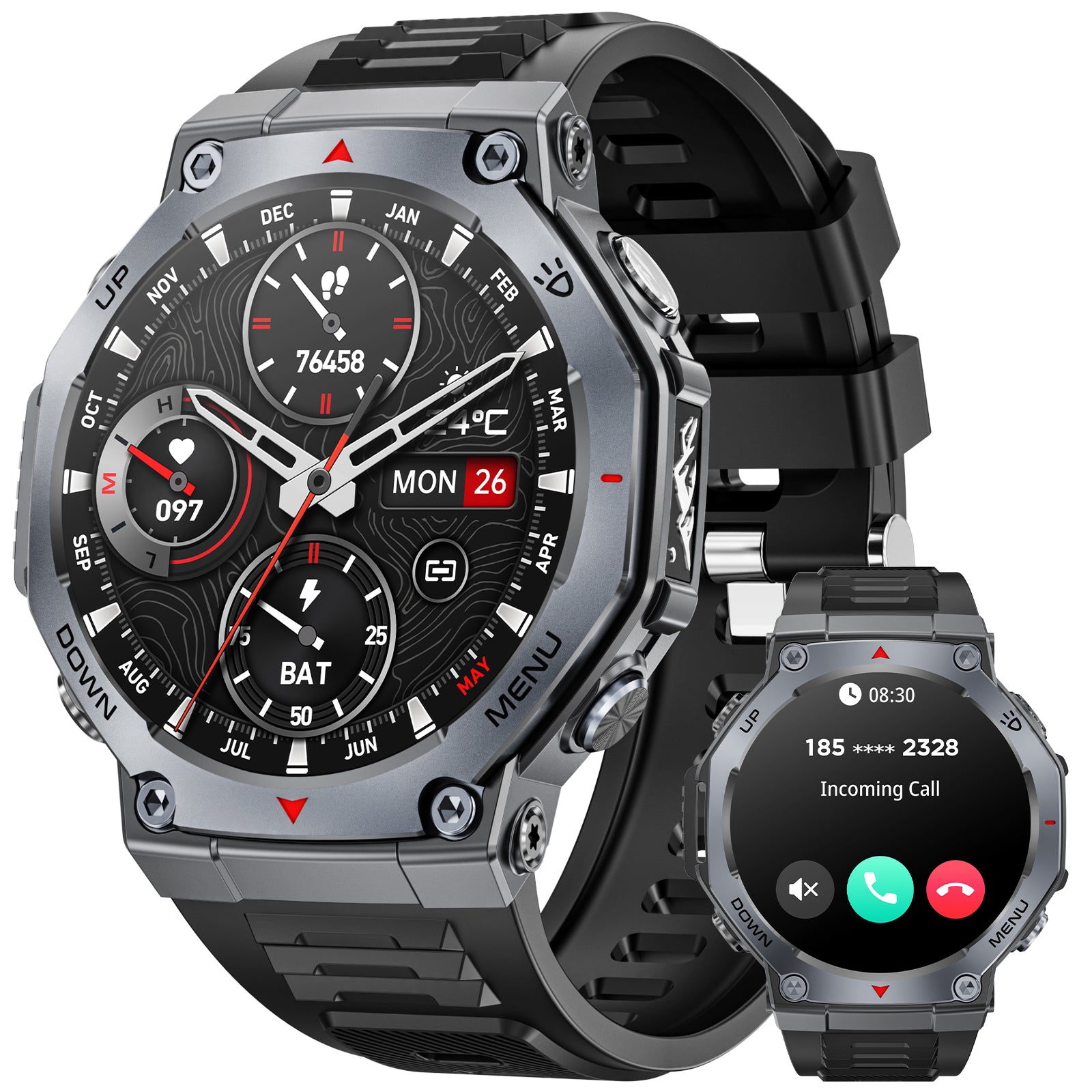 Haulvean 1.43-inch AMOLED Military Smart Watch for Men, Outdoor Sports Fitness Tracker Watch, with Answer/Make Calls/100 Sports Modes, fits for Android and Iphone Devices (Black)