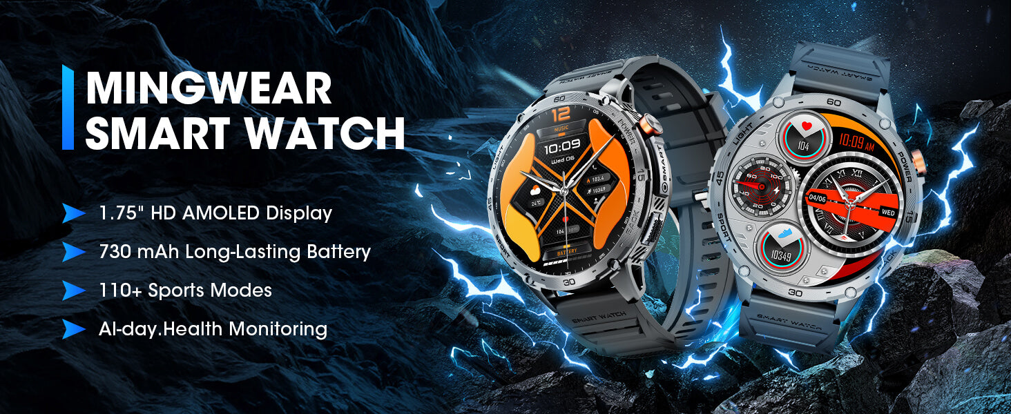 MINGDALN K69 smartwatch with LED flashlight 1.75 inch HD Amoled display 730mAh large battery 110+ sports mode