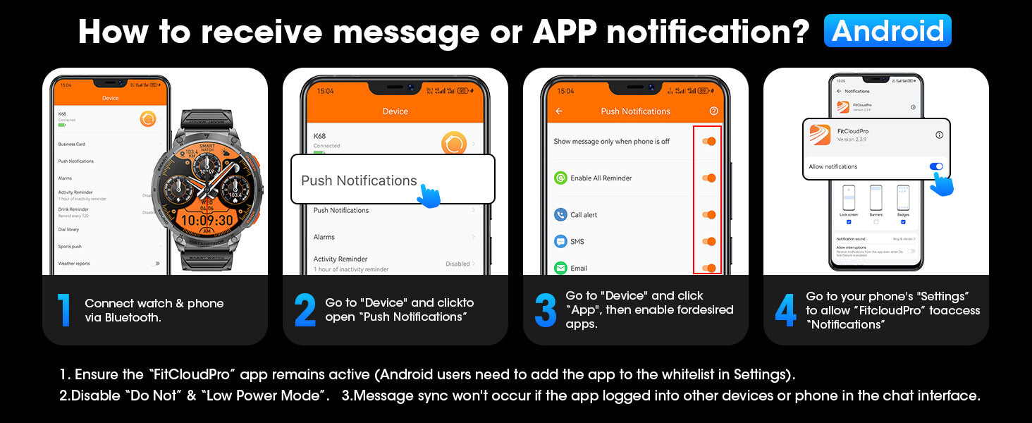 Mingdaln K68 Smart Watch Android APP receives messages